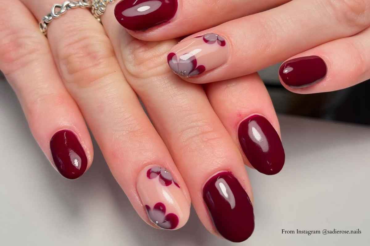 Maroon Floral Nails for Spring 2025