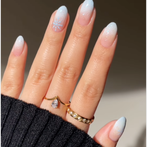 1-Soft Blue Ombre Snowflake Nails