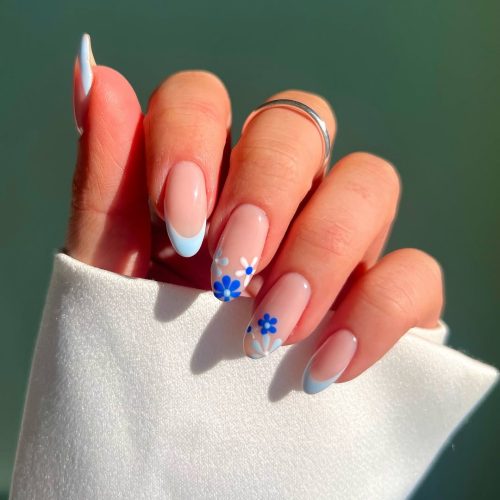 12-Blue Floral French Tips for Spring