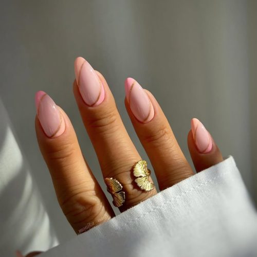 13-Elegant Pink French Tips with Gold Accent