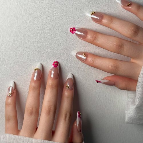 14-Floral French Tips with Gold Accents