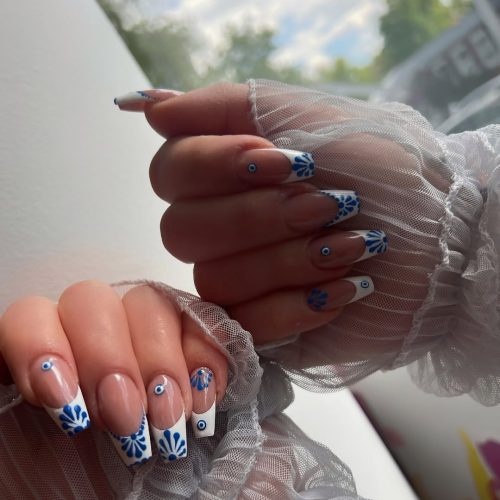 21-Blue Floral French Tips with Evil Eye Accents