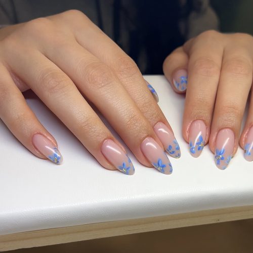 21-Blue Floral French Tips with Gold Accents