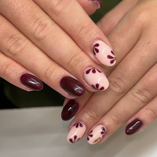 24-Floral Burgundy Elegance on Almond Nails