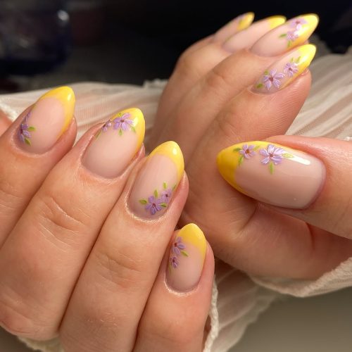 24-Yellow French Tips with Floral Accents