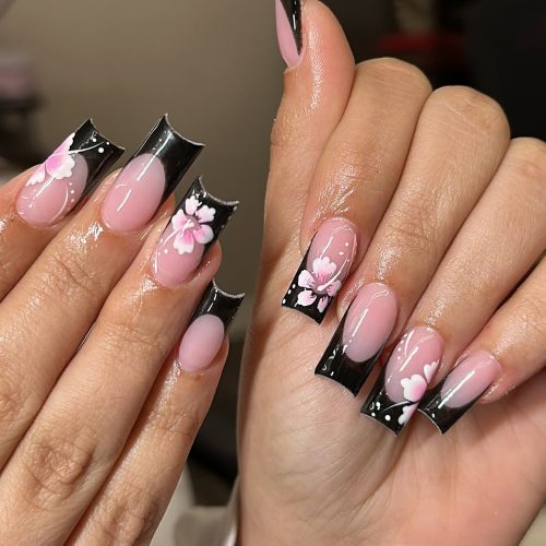 26-Bold Black-Tipped Floral Nails