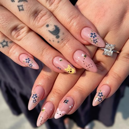 26-Whimsical Bee & Floral Nail Art