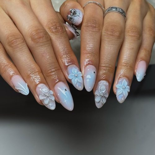 27-Ethereal Blue Floral Nails with Charms
