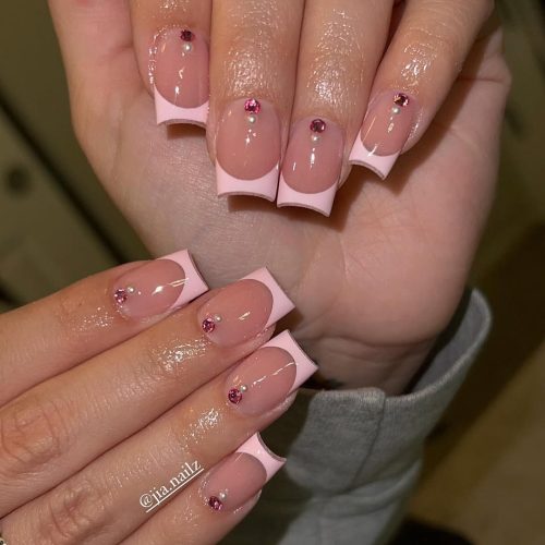 27-Pink French Tips with Gem Accents
