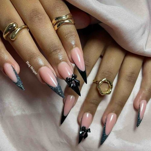 28-Black Glitter French Tips with Bow Accents