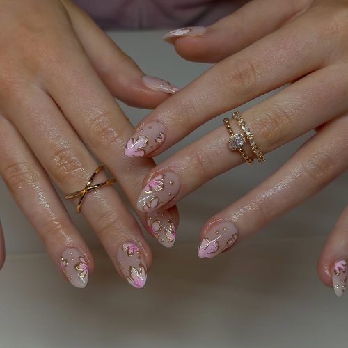 29-Elegant Pink and Gold Floral French Tips