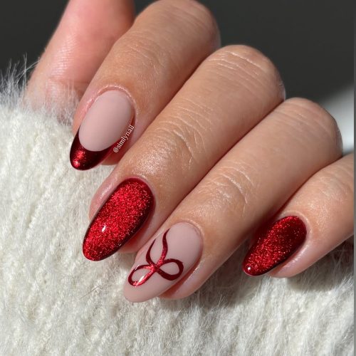 3-Red Chrome Holiday Bow Nails