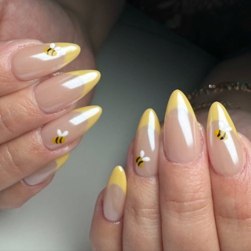 31-Yellow Bee French Tip Nails with Chrome Glaze