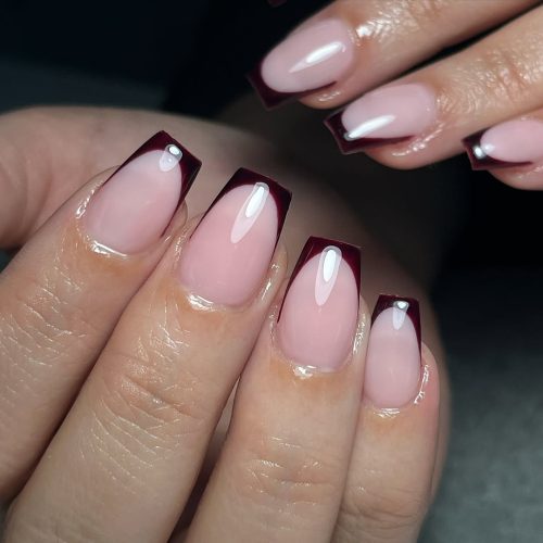 4-Minimalist Burgundy French Tips on Short Coffin Nails