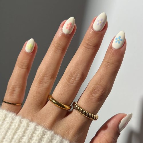 8-Cute Floral Accent Nails on a White Base
